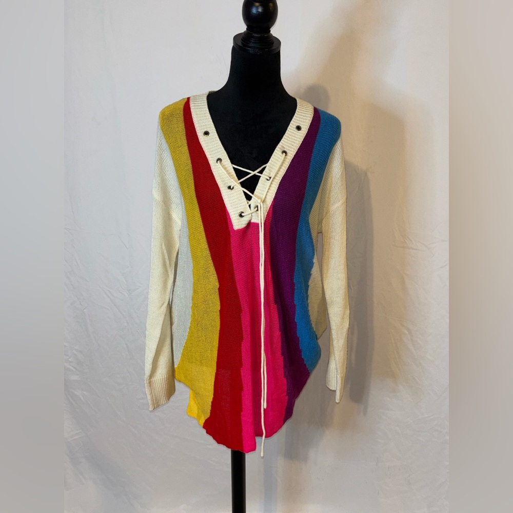Judith March Multicolor Stroped V-Neck Lace Up Sweater